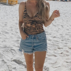 AERIE Tiger Stripe One Piece swimsuit full coverage booty Convertible small long